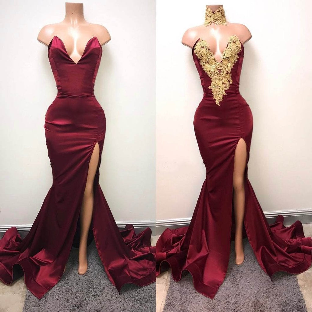 Elegant Burgundy Mermaid Appliques High Neck Split Sexy Prom Dress INA83