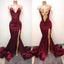 Elegant Burgundy Mermaid Appliques High Neck Split Sexy Prom Dress INA83