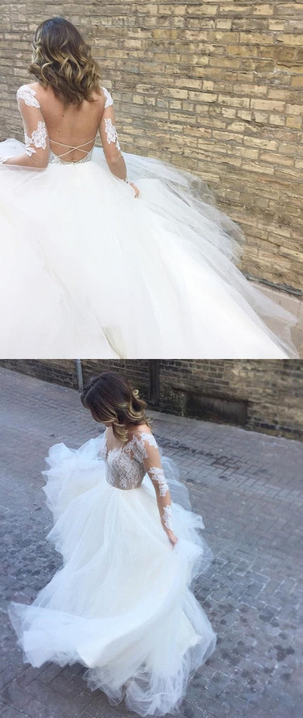 Romantic Ball Gown Long Sleeves Appliques Ivory Tulle Wedding Dress Bridal Gown IN888
