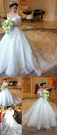 Ball Gown Romantic Long Train Luxury Off the Shoulder Wedding Dresses INE97