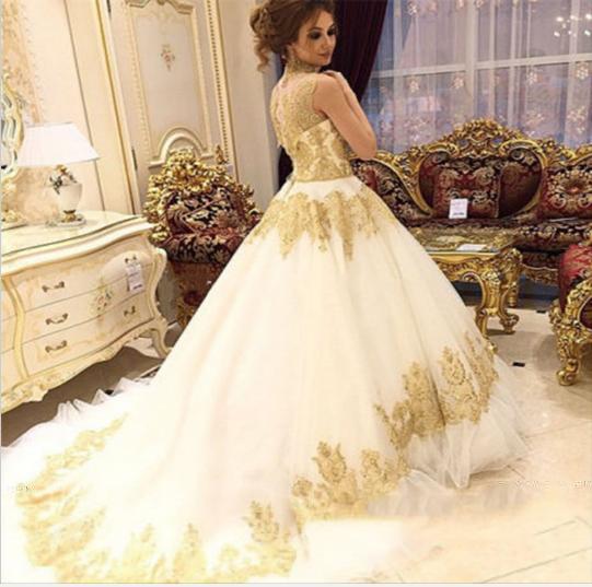 Beautiful Long Train High Neck Romantic Gold Appliques Wedding Dresses INE96