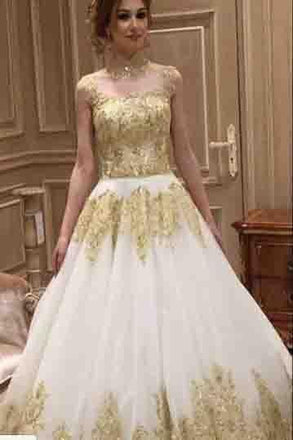Beautiful Long Train High Neck Romantic Gold Appliques Wedding Dresses INE96