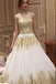 Beautiful Long Train High Neck Romantic Gold Appliques Wedding Dresses INE96