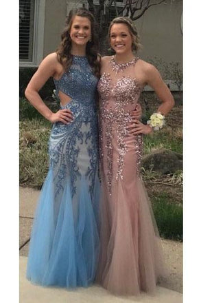 Charming Mermaid Long Tulle Sequin Appliques Prom Dresses IND86