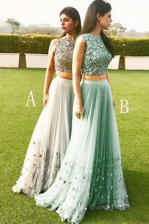 Elegant A-line Tulle Two Pieces Long Prom Dress,Cheap Formal Dress IN876
