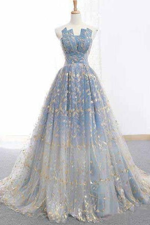 Blue and Gold Lace Ball Gown Prom Dresses, Sweet 16 Princess Quinceanera Dress INH63