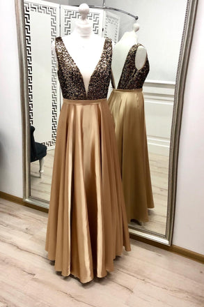 Charming A Line V Neck Gold Prom Dresses, Beaded Long Prom Dress INK21