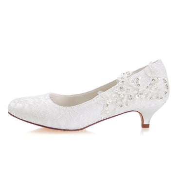 Fashion Ivory Low Heels Rhinestone Wedding Shoes with Lace Appliques L-923