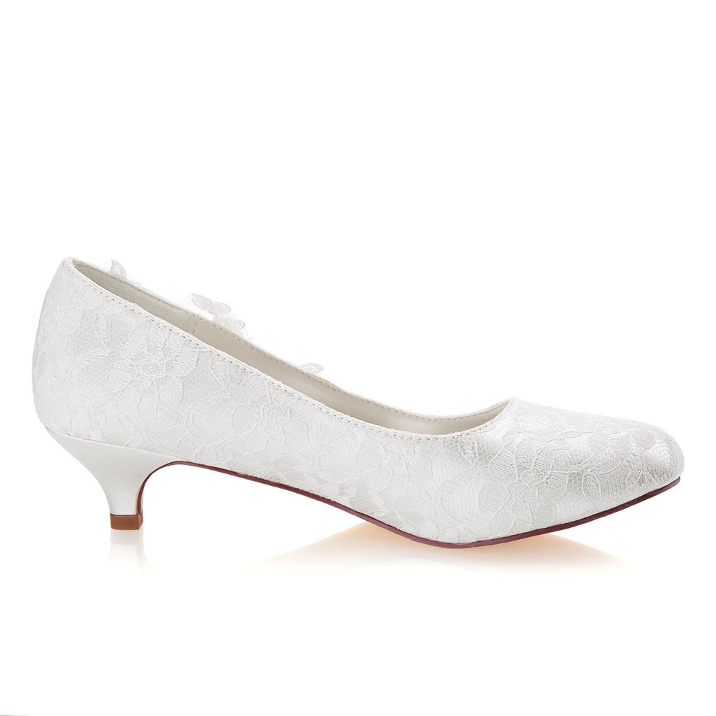 Fashion Ivory Low Heels Rhinestone Wedding Shoes with Lace Appliques L-923