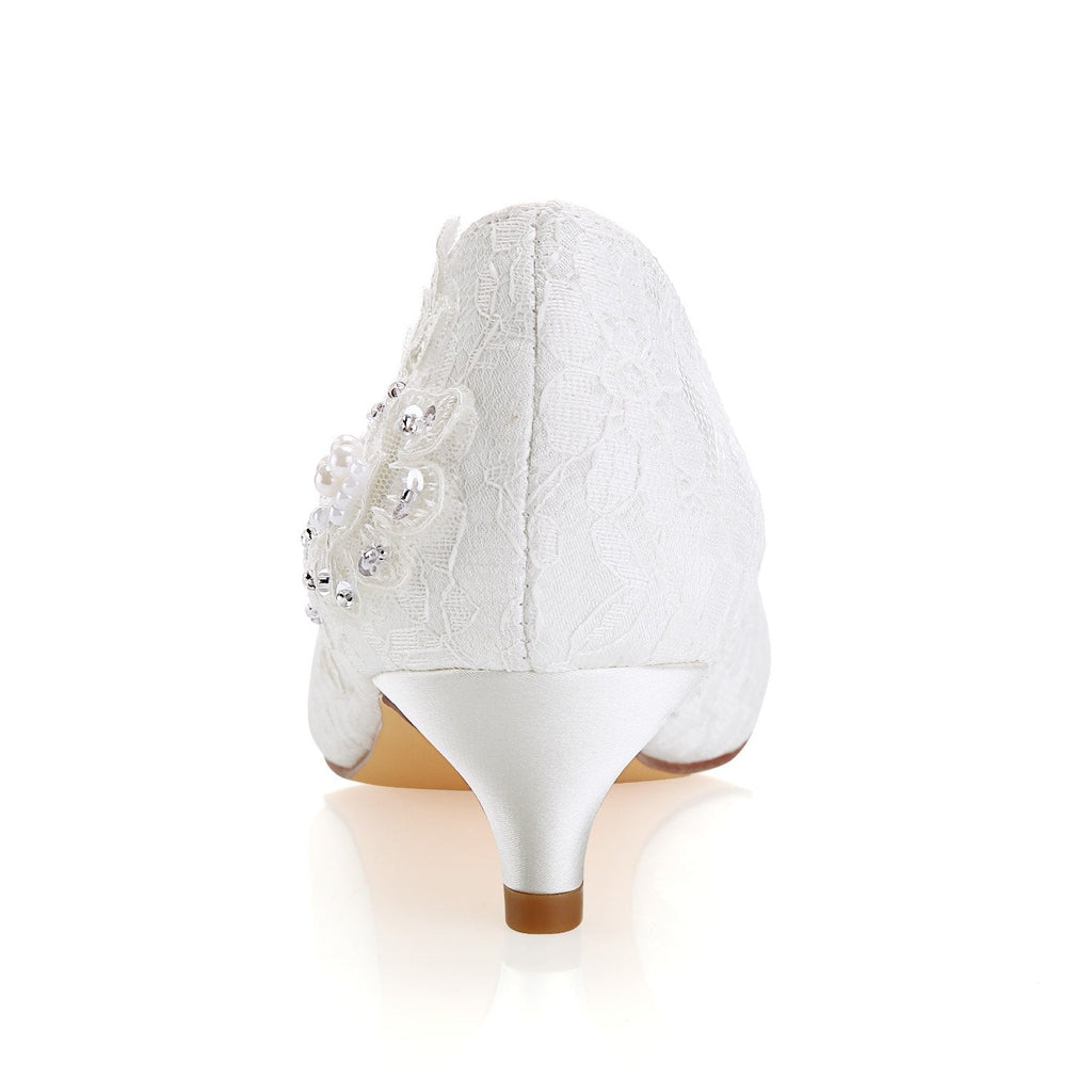Fashion Ivory Low Heels Rhinestone Wedding Shoes with Lace Appliques L-923
