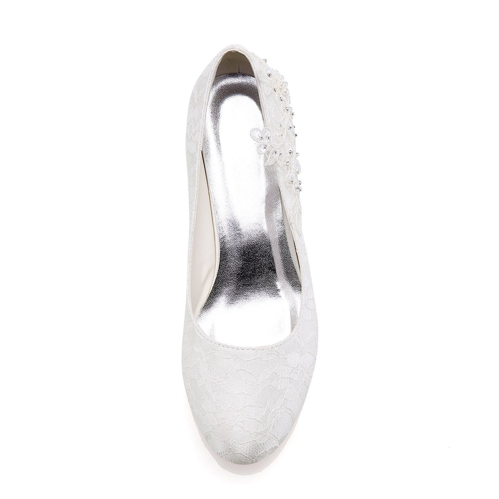 Fashion Ivory Low Heels Rhinestone Wedding Shoes with Lace Appliques L-923
