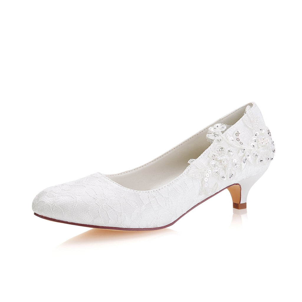 Fashion Ivory Low Heels Rhinestone Wedding Shoes with Lace Appliques L-923