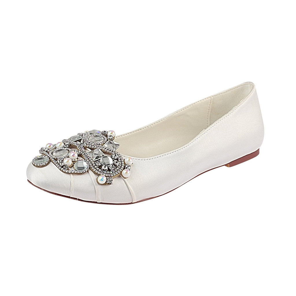 Ivory Flat Beading Wedding Shoes, Satin Wedding Party Shoes For Women L-930