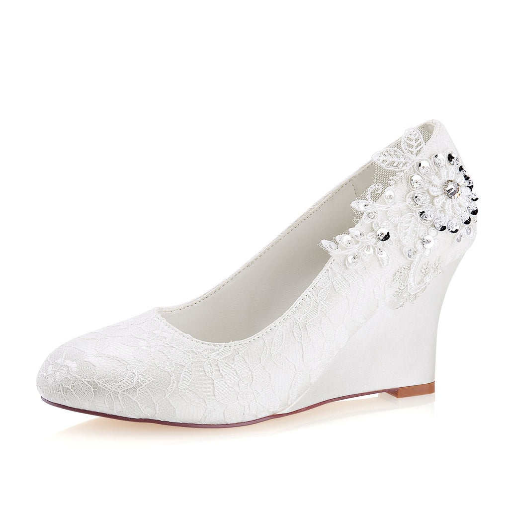Ivory Wedge Lace Wedding Shoes with Beads, Charming Woman Shoes L-932