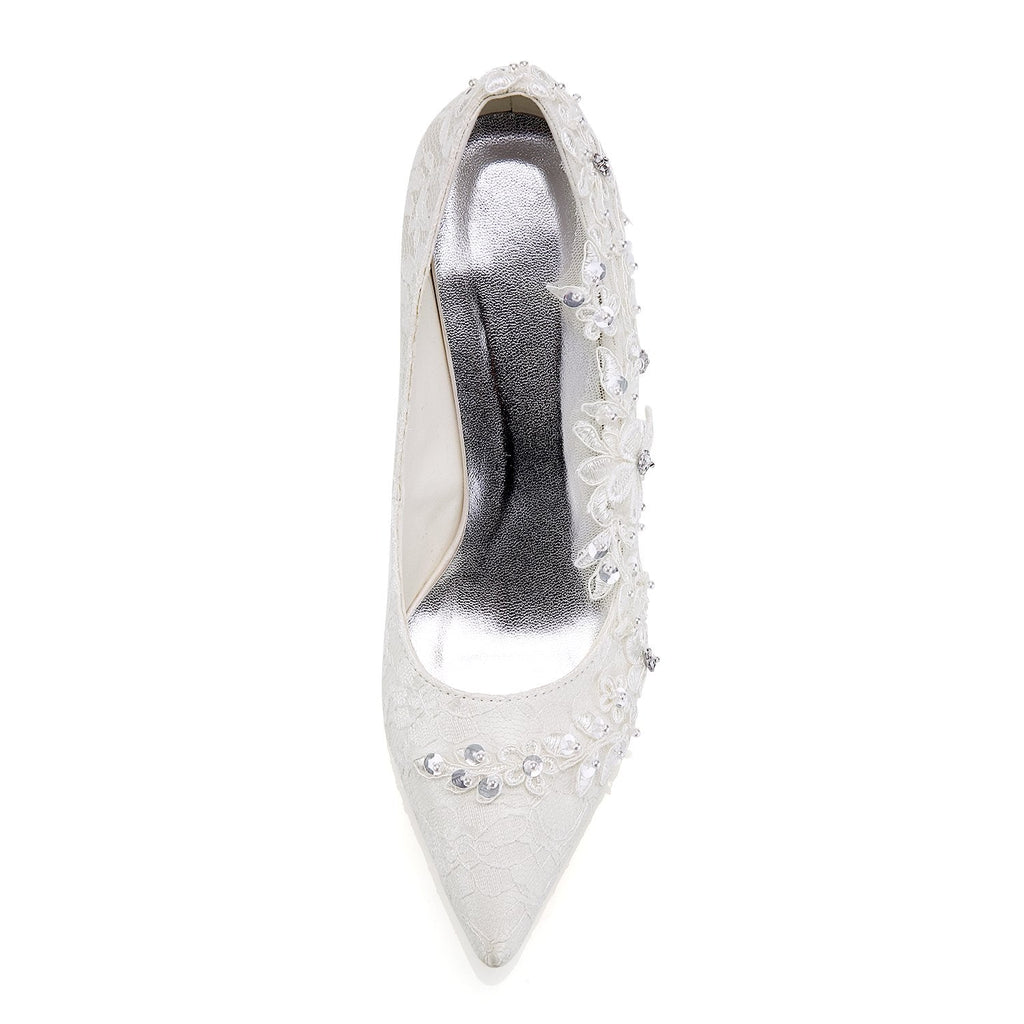 Ivory Ankle Lace Wedding Shoes, Lace Appliques Wedding Party Shoes L-941