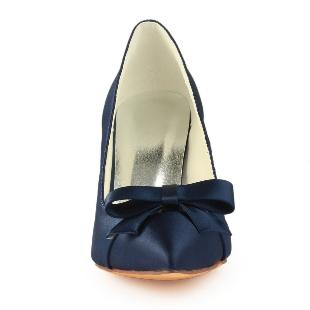 Dark Blue High Heels Wedding Shoes with Bowknot, Fashion Satin Formal Party Shoes L-942
