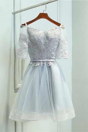 A-Line Off-the-Shoulder Short Half Sleeves Grey Tulle Homecoming/Prom Dress IN318