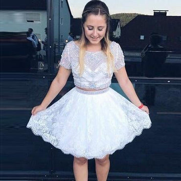 Stylish Two Piece A-Line Prom Dress,Bateau Short Sleeves Lace Homecoming Dress With Beading IN471