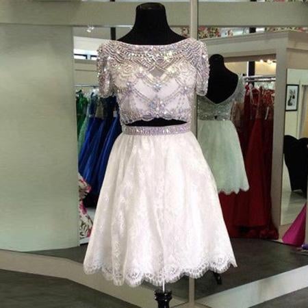 Stylish Two Piece A-Line Prom Dress,Bateau Short Sleeves Lace Homecoming Dress With Beading IN471
