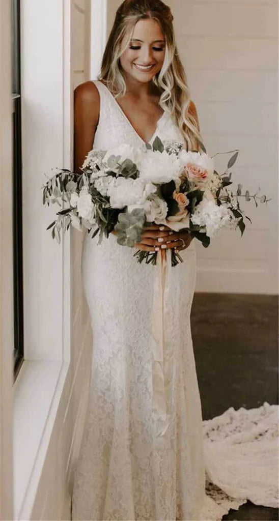 Elegant Lace Sheath V-neck Backless Wedding Dresses With Train, Bridal Gowns IN1812