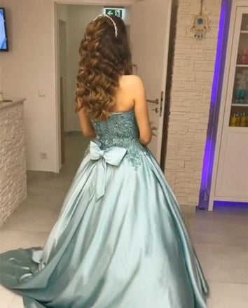 Princess Blue Beaded Sweetheart Strapless Ball Gown Long Prom Dresses IN994