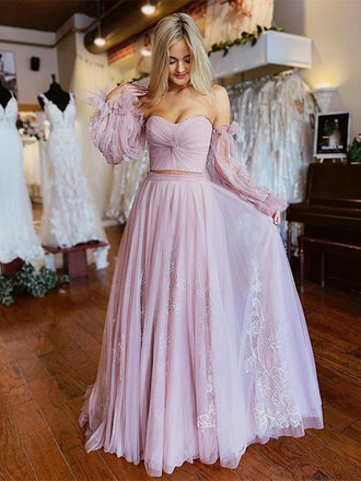 Light Purple Floral Lace Prom Dresses, A Line Tulle Formal Evening Dresses IN2005