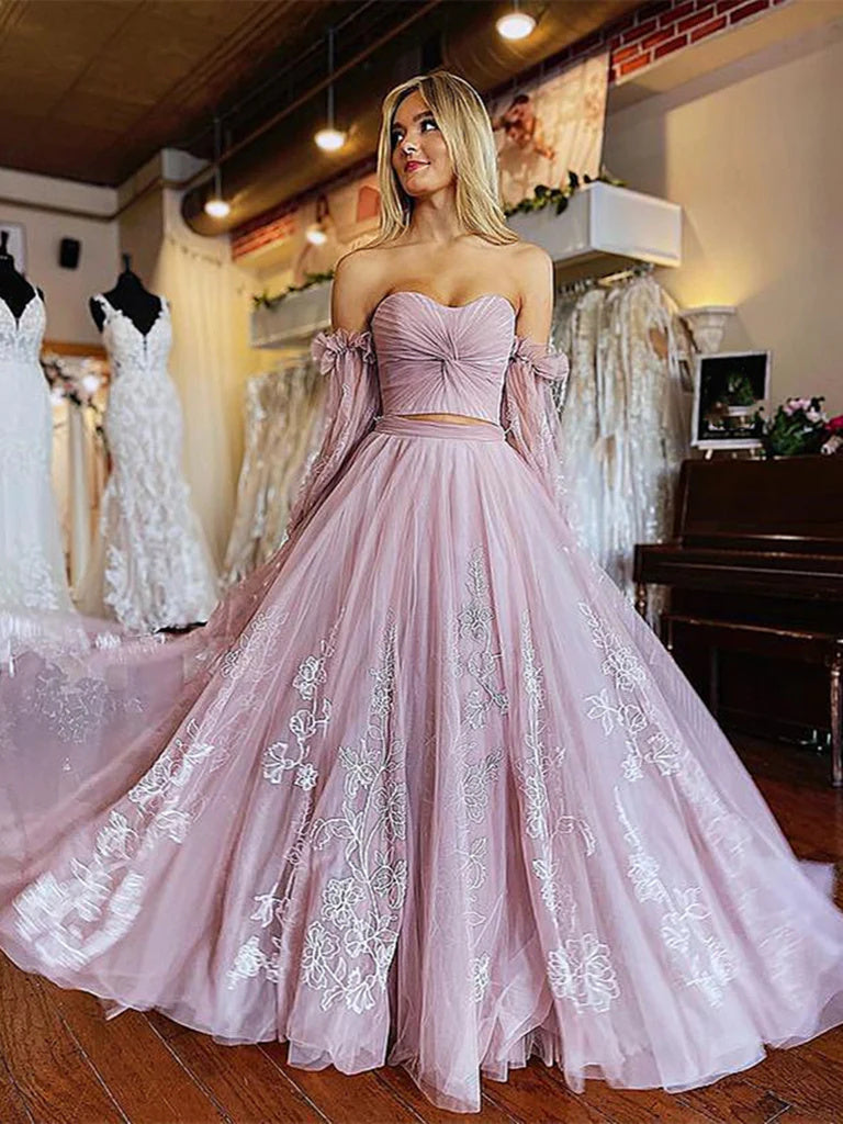 Light Purple Floral Lace Prom Dresses A Line Tulle Formal Evening