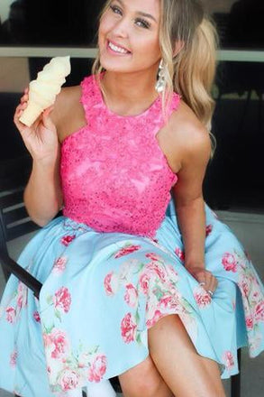 Light Blue Short Homecoming Dress with Lace Top, Graduation Dresses INM35