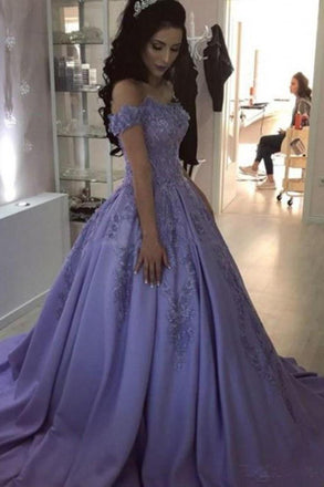 Lavender Ball Gown Off the Shoulder Lace Appliques Prom Dresses INJ66