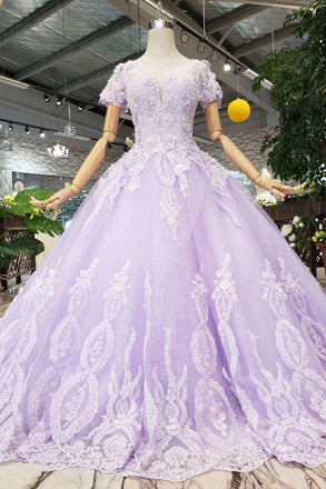 Lilac Ball Gown Short Sleeves Prom Dresses with Lace, Quinceanera Dress INL41