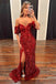 Mermaid Long Red Puff Sleeves Prom Dress Sparkly Sequined with Side Slit IN1957