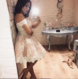 Cute A-line Off-the-shoulder Pink Short Prom Dress with Lace Appliques,Homecoming Dress IN328