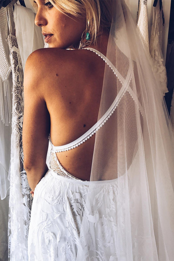 Charming Lace Long A-line Spaghetti Straps Split Ivory Beach Wedding Dress IN739