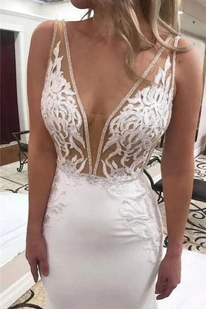 Elegant Mermaid Deep V-neck Wedding Dresses With Lace Appliques, Bridal Gown IN1813