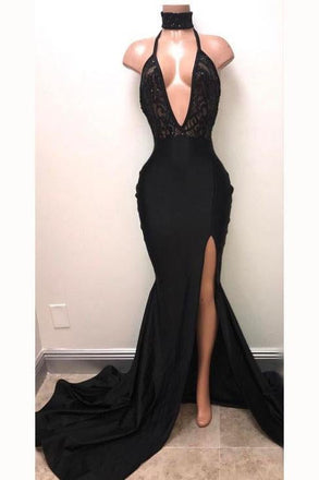 Sexy Black Straps Deep V-neck Mermaid Split Sleeveless Evening Dress INI37