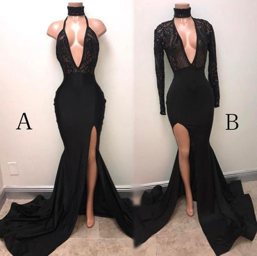 Sexy Black Straps Deep V-neck Mermaid Split Sleeveless Evening Dress INI37