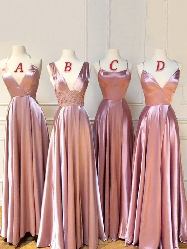 Mismatched Dusty Rose A Line Satin Long Cheap Bridesmaid Dresses IN1842