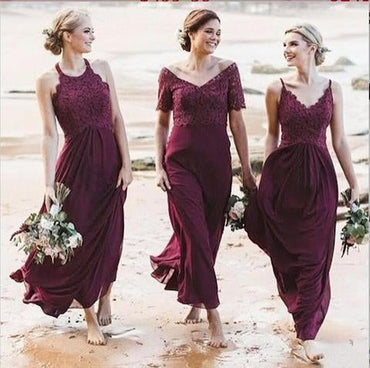 Mismatched A-Line Long Burgundy Cheap Chiffon Bridesmaid Dress with Lace ING63