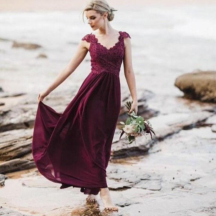 Mismatched A-Line Long Burgundy Cheap Chiffon Bridesmaid Dress with Lace ING63