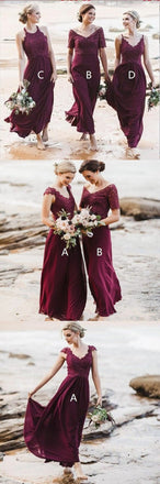 Mismatched A-Line Long Burgundy Cheap Chiffon Bridesmaid Dress with Lace ING63