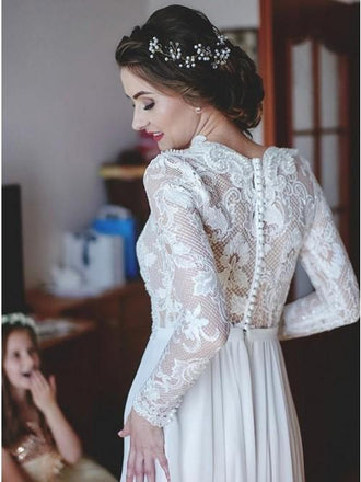 Modest A-Line Lace Appliques Long Sleeves Chiffon Elegant Wedding Dress INH87
