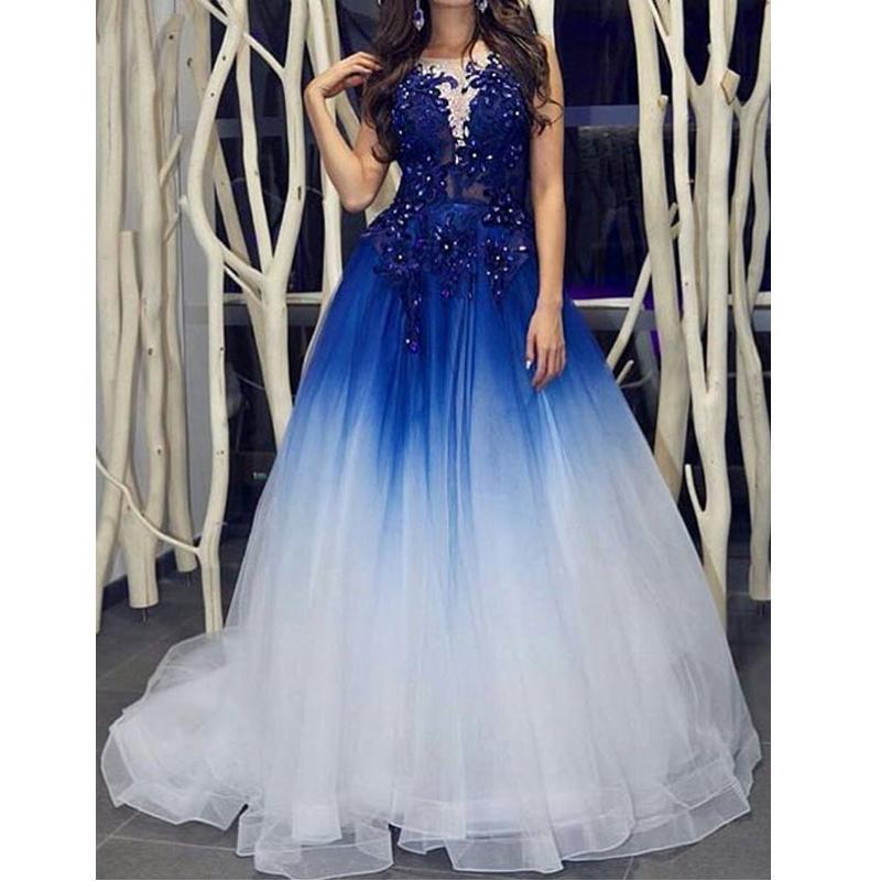 Elegant Royal Blue White Ombre Long Prom Dresses with Appliques for Teens INH18