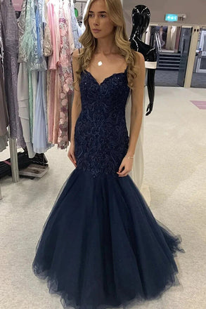 Navy Blue Mermaid Spaghetti Straps Lace Prom Dresses, Formal Evening Gown IN2010