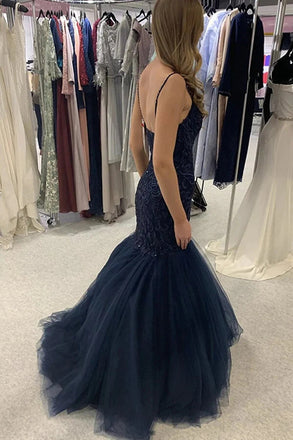 Navy Blue Mermaid Spaghetti Straps Lace Prom Dresses, Formal Evening Gown IN2010