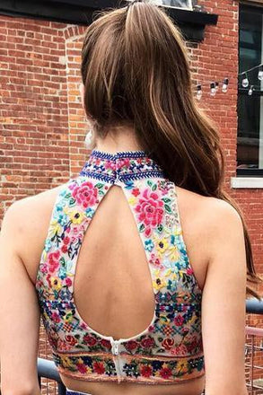 Off White Two Piece Embroidery High Neck Tulle Homecoming Dress INM27