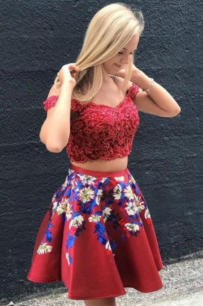 A Line Two Piece Red Off Shoulder Lace Applique Short Homecoming Dresses INM38