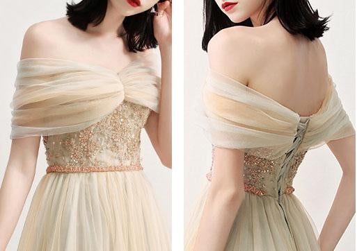 Charming Off the Shoulder A Line Tulle Long Prom Dresses With Beading ING70
