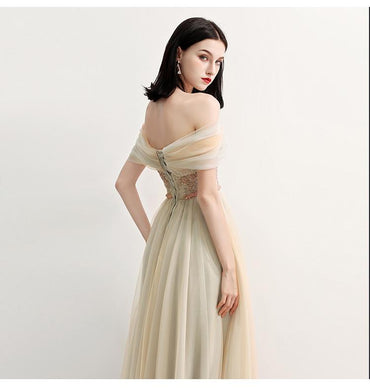 Charming Off the Shoulder A Line Tulle Long Prom Dresses With Beading ING70
