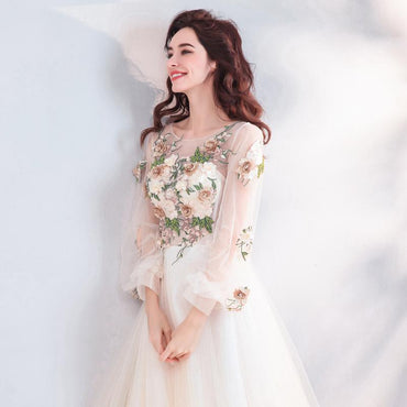 Pretty A Line Long Sleeves Tulle Appliques  Prom Dresses With Flowers ING69