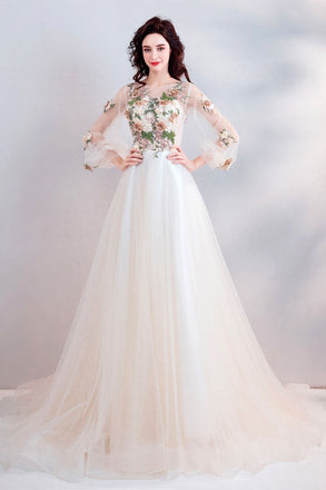 Pretty A Line Long Sleeves Tulle Appliques  Prom Dresses With Flowers ING69